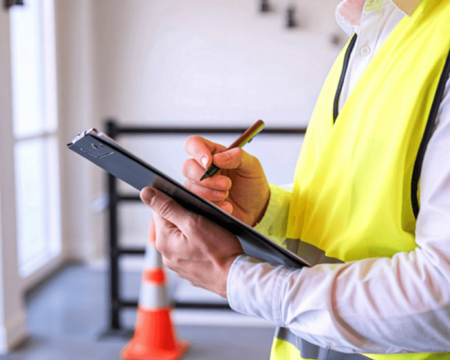 Construction worker in PPE holding a clipboard and a pen